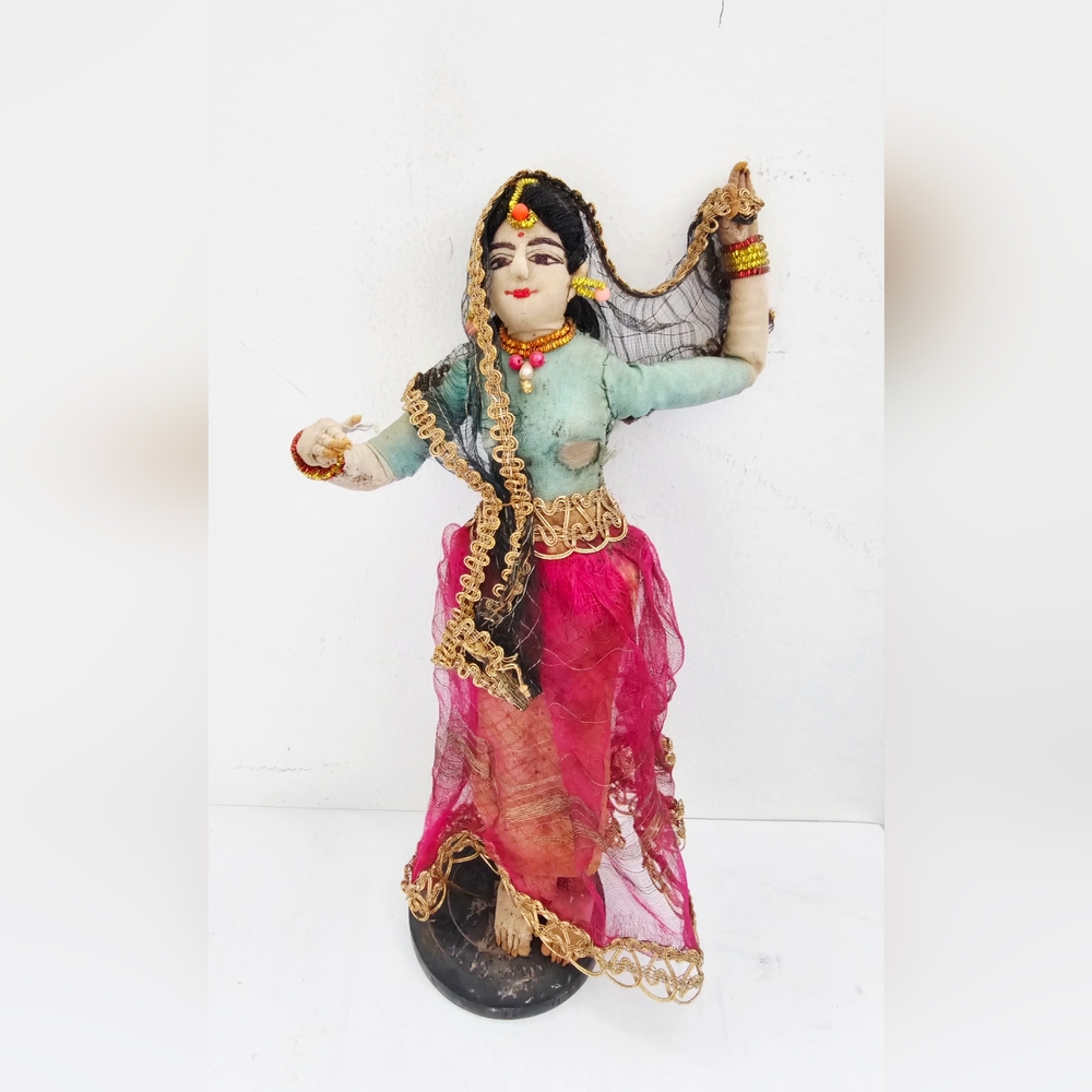 Handcrafted Indian Fabric Dancing Doll in Teal & Hot Pink